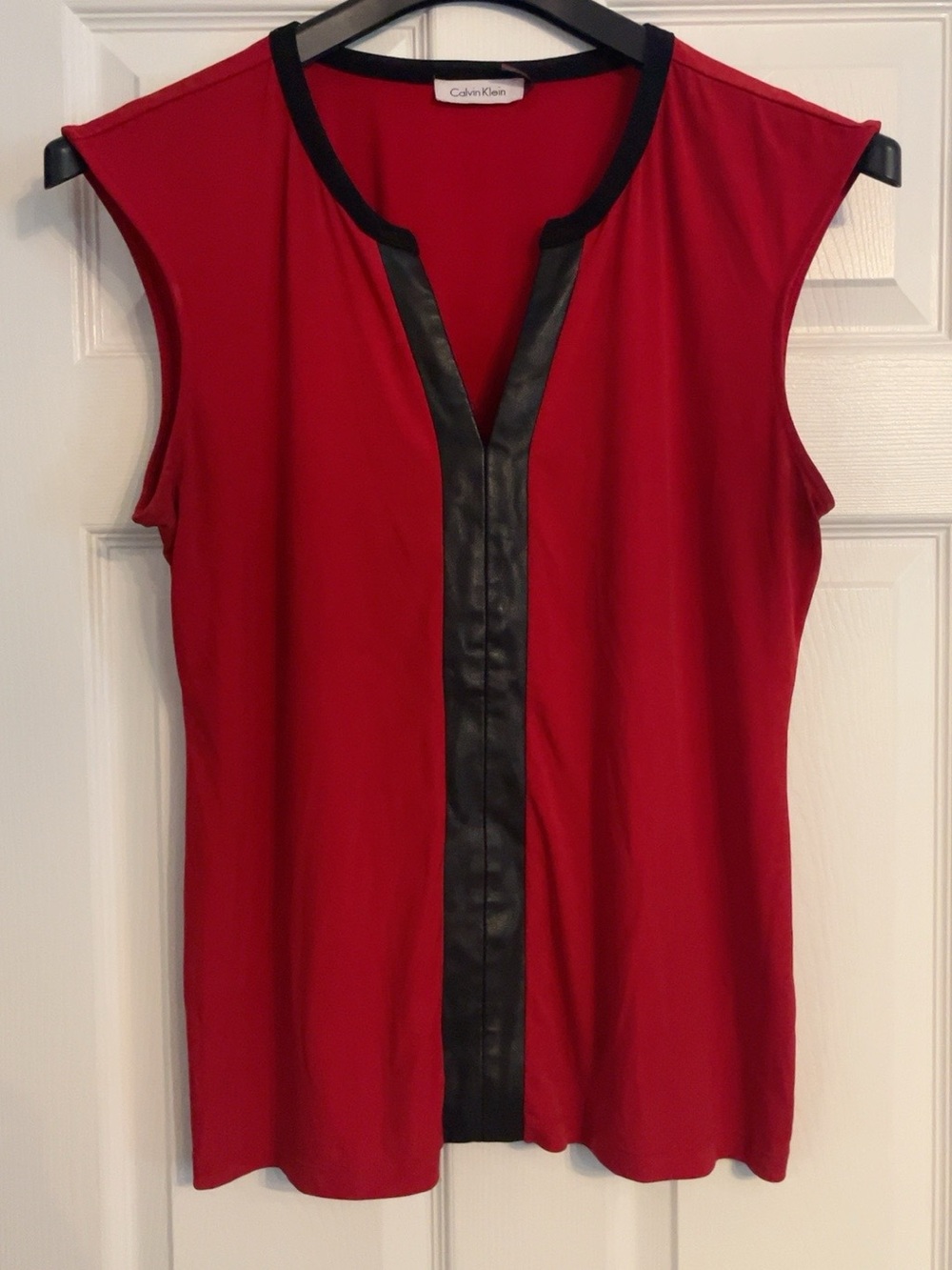 Calvin Klein Red & Black Faux Leather Trim Sleeveless Blouse